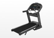 Black treadmill with digital display on a white background