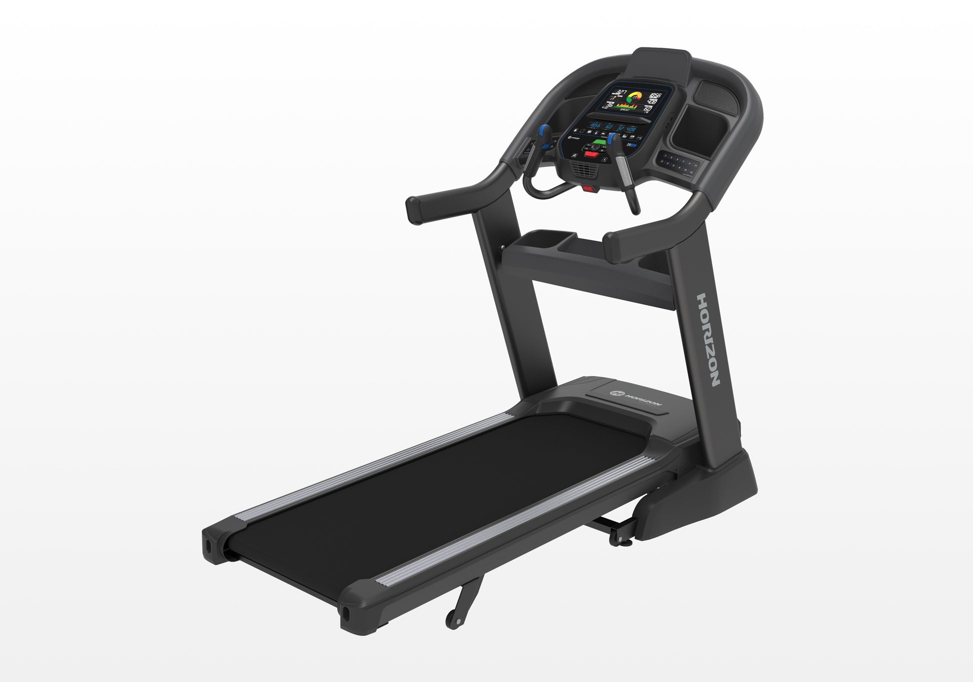 Black treadmill with digital display on a white background